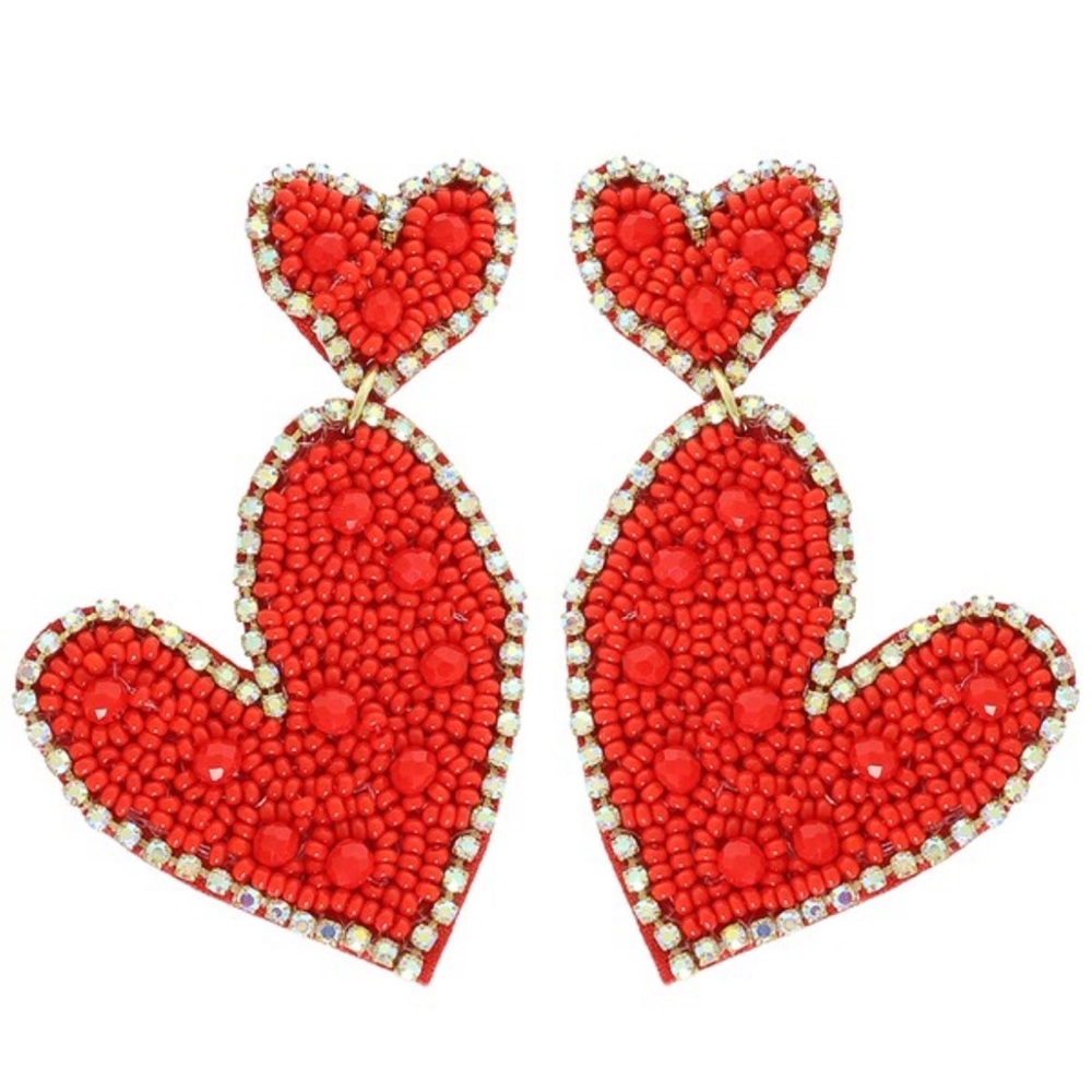 Red Heart Dangle Beaded and Rhinestone Earrings New - Picture 5 of 7